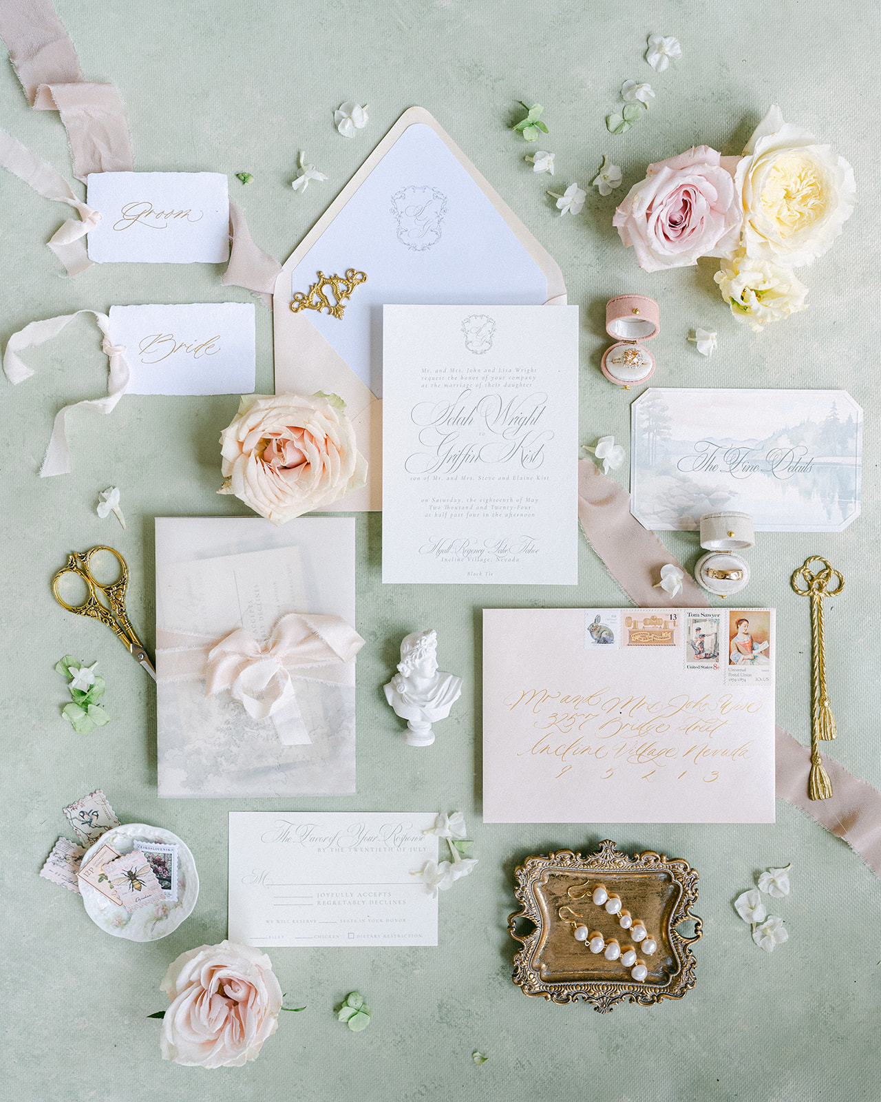 Fine art Lake Tahoe wedding detail flat lay.