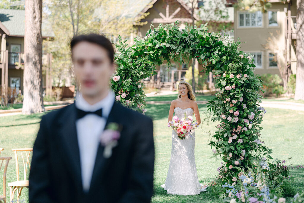 Bride and groom first look at the Hyatt Regency in Lake Tahoe. 