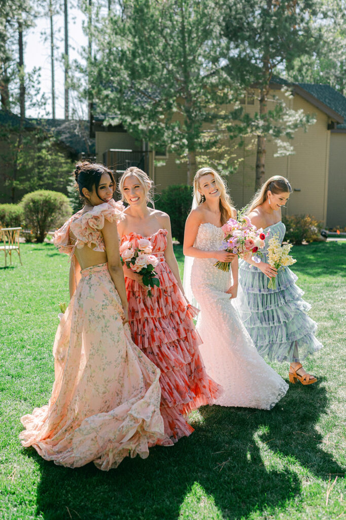 Hyatt Regency Lake Tahoe fine art garden wedding candid bridal party photo.