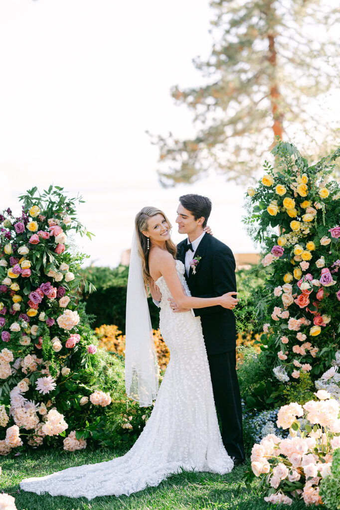 Colorful garden wedding at in Lake Tahoe at the Hyatt Regency. 