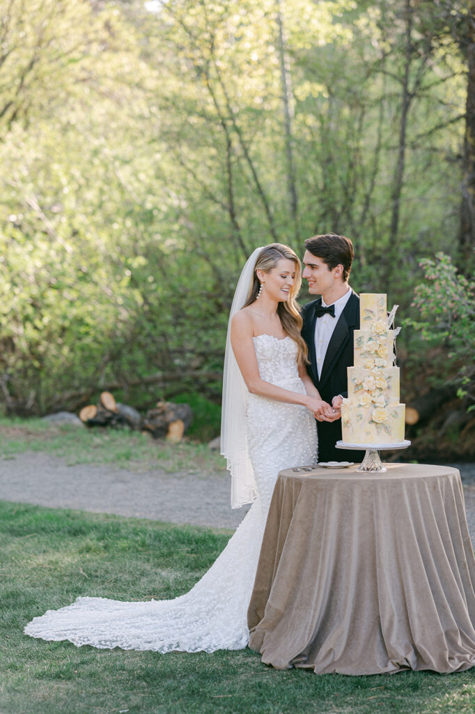 Bride and Groom cut their wedding cake during their Lake Tahoe Wedding.