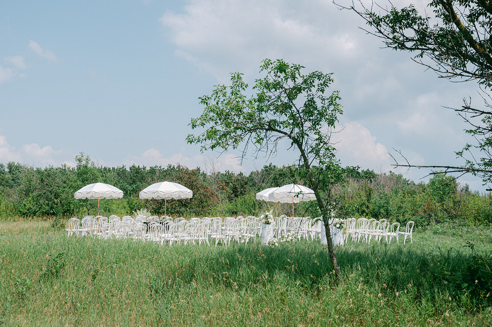 Garden party wedding ceremony in an open field at Battle Lake, MN. 