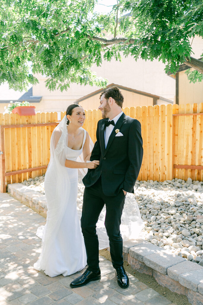 Candid bride and groom first look at a private wedding in Lake Tahoe. 