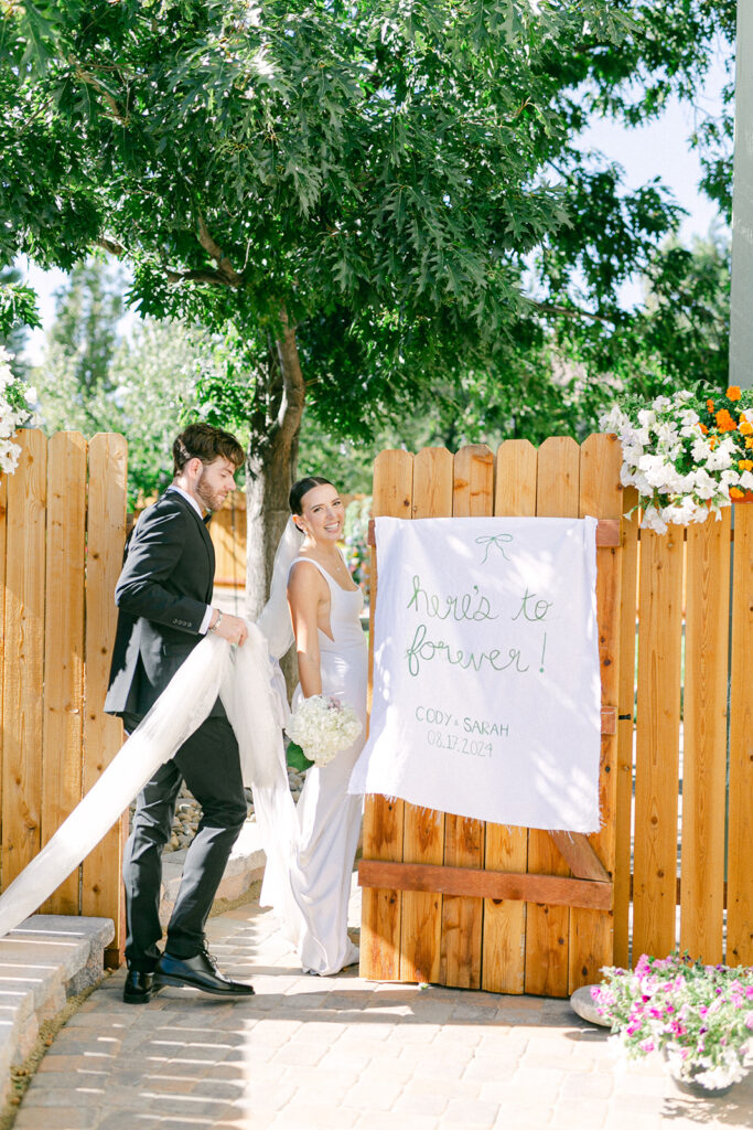 Bride and groom walking to their reception at their private property wedding in Lake Tahoe. 