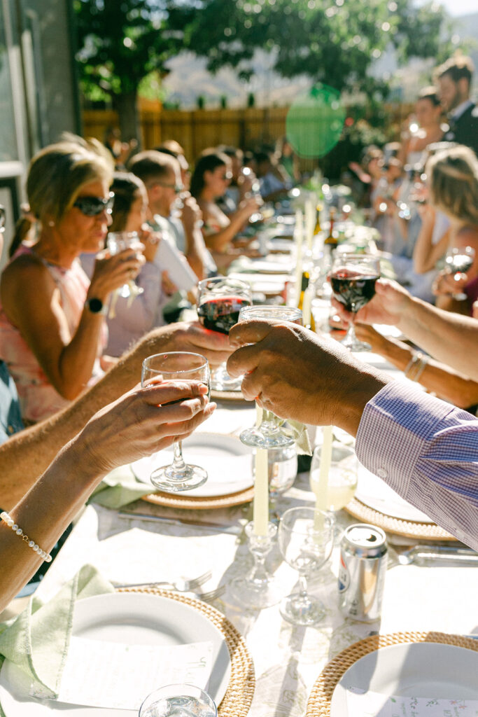 Wedding guests cheers during a backyard wedding reception dinner in Lake Tahoe. 