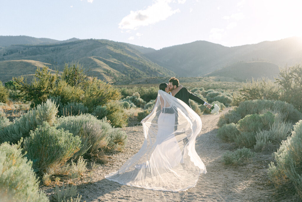 Sunset bride and groom wedding photos in Lake Tahoe edited by Sarah Woods Photography. 