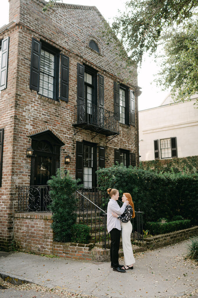 Charming downtown couples engagement photo in Charleston. 