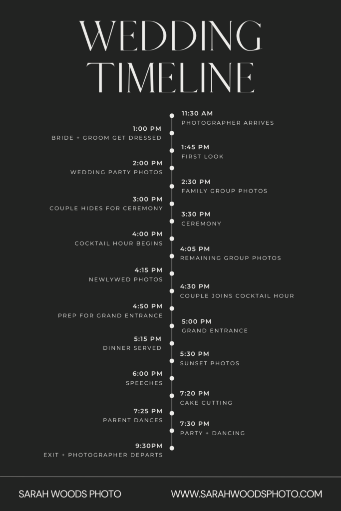 Sample wedding day timeline by Sarah Woods Photography.