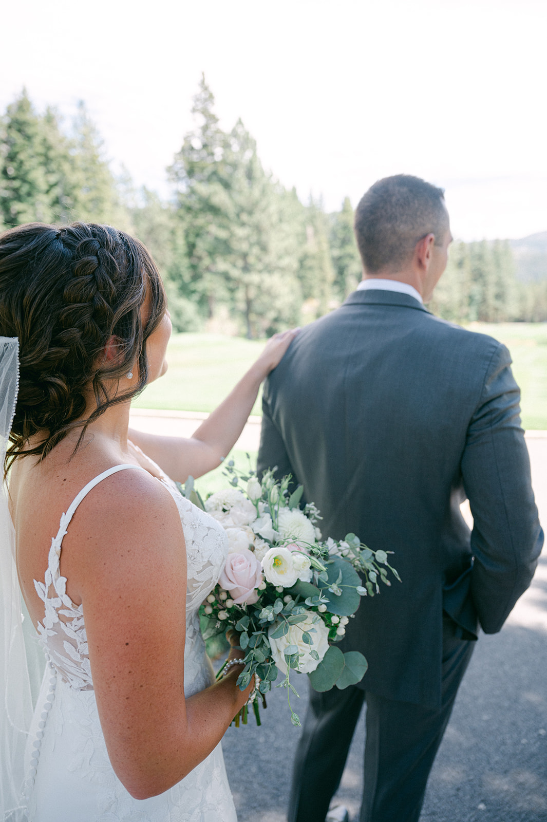 Bride and groom first look at a mountain wedding in Lake Tahoe. 