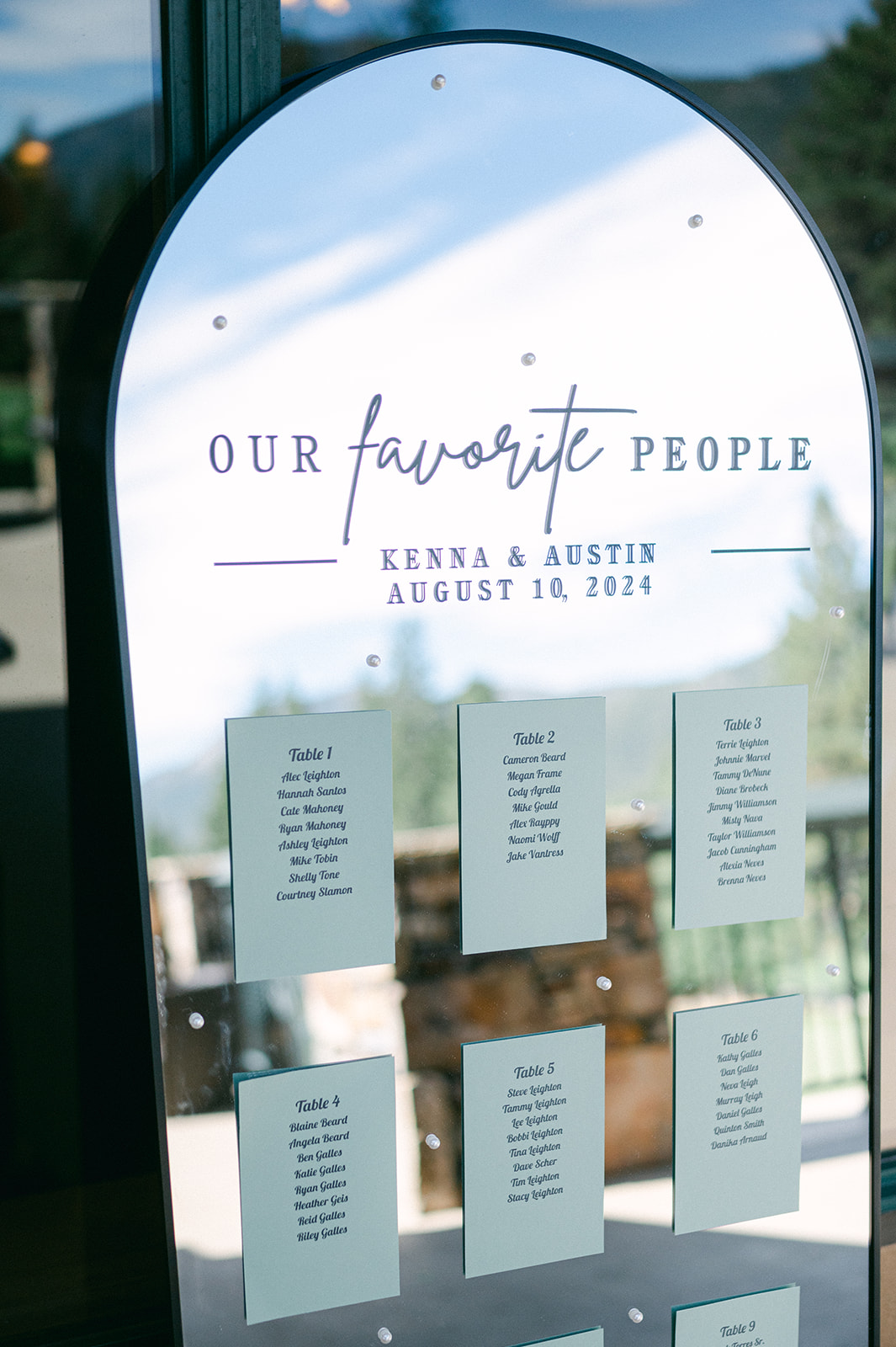 Mirror wedding seating chart at an elegant Lake Tahoe wedding.