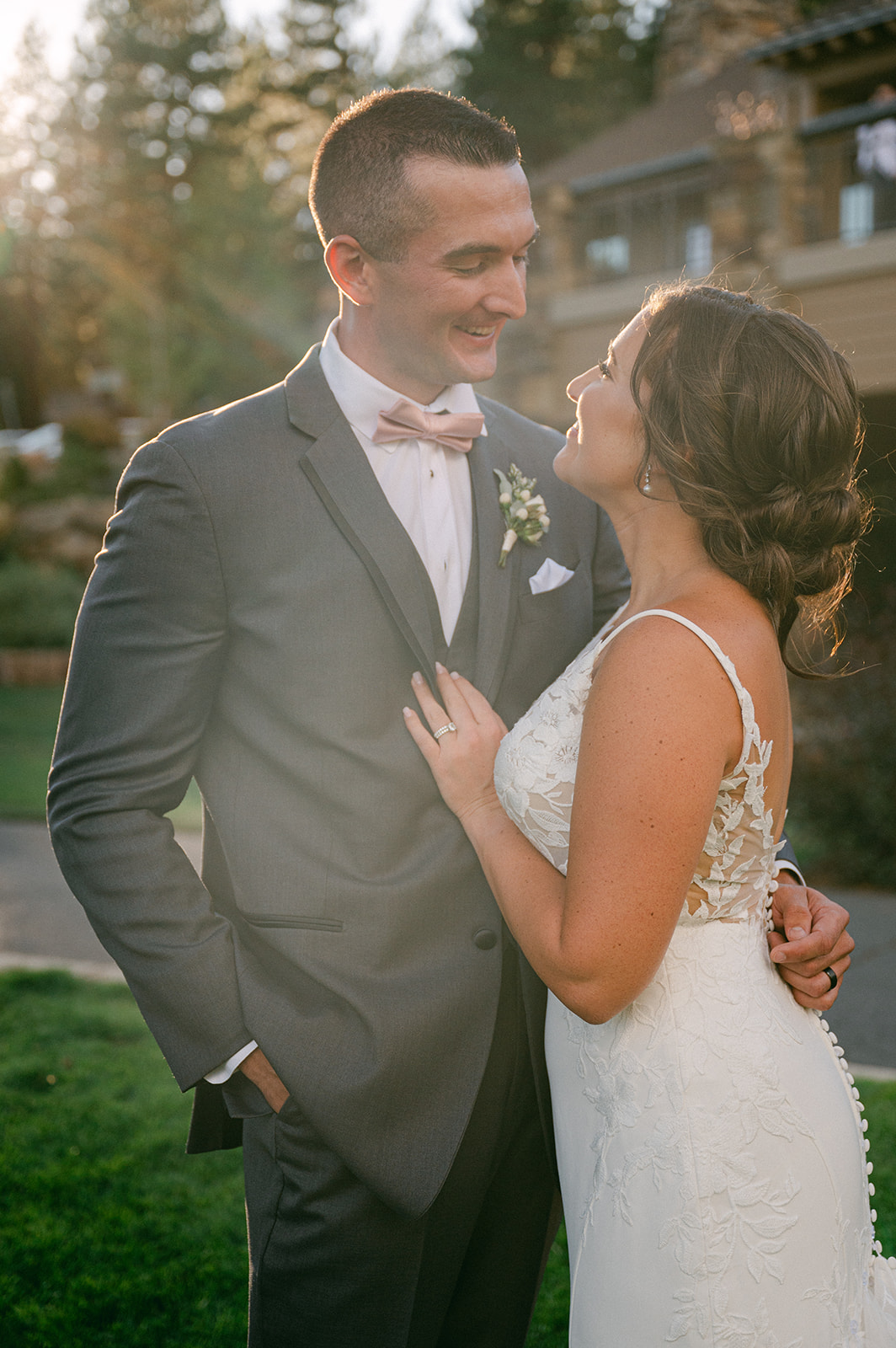 Sunset bride and groom portraits at The Chateau at Incline Village in Lake Tahoe. 