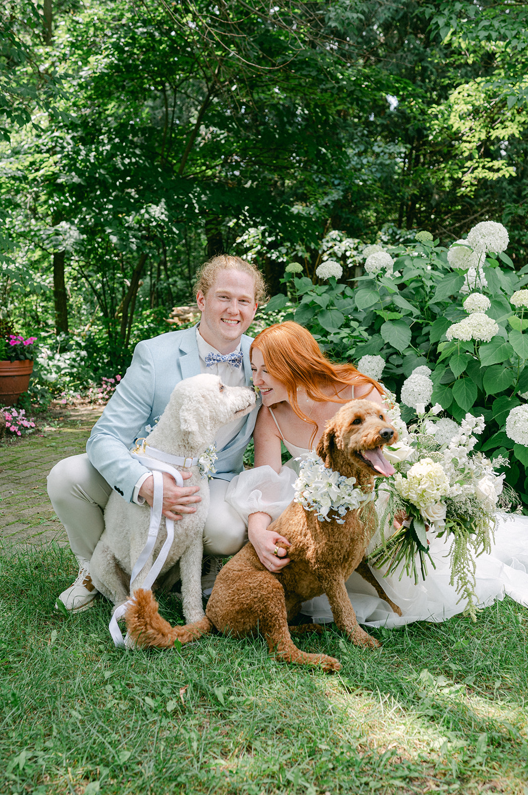 Luxury garden wedding bride and groom portraits with their two golden doodle dogs.