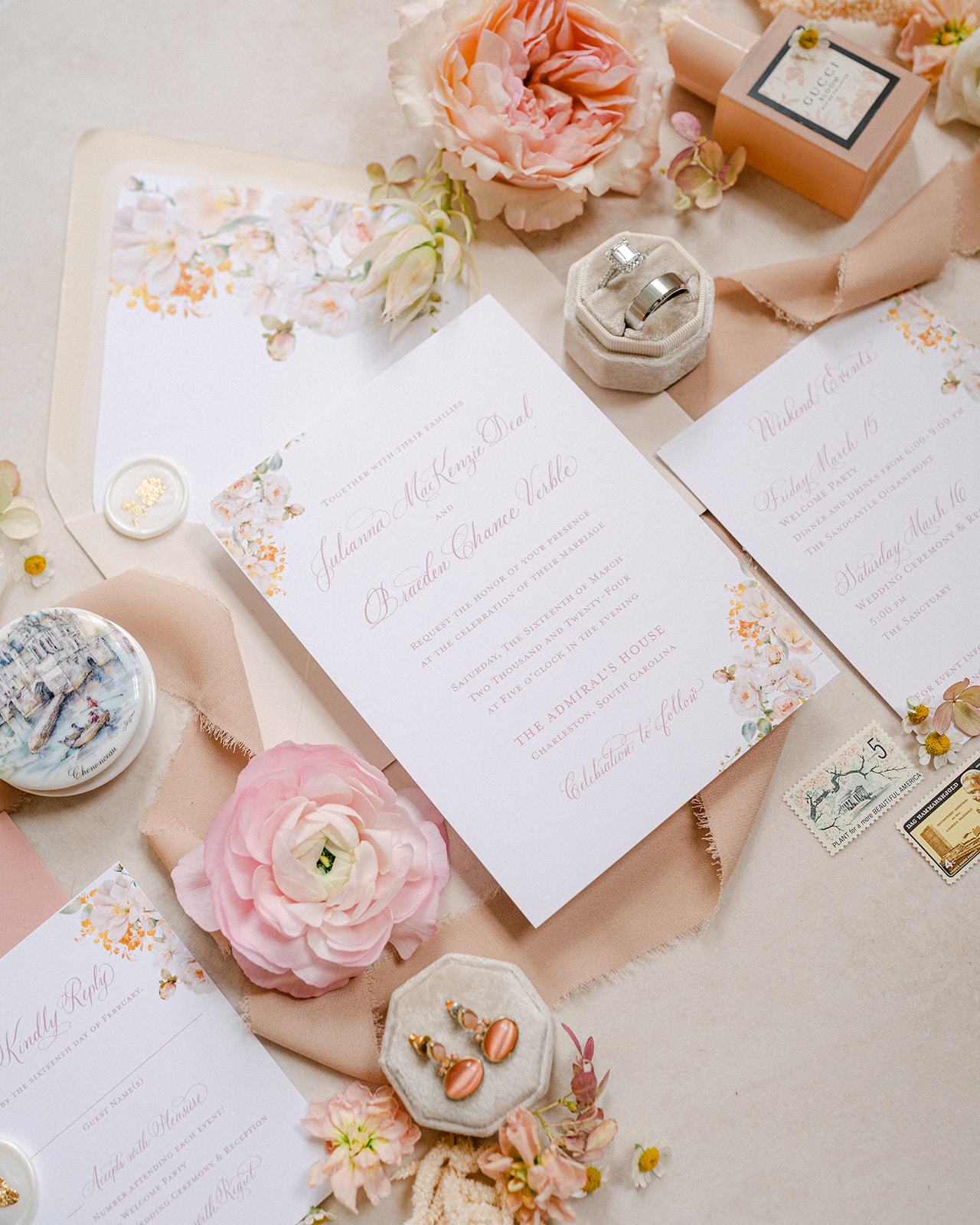 Fine art wedding detail flat lay photography by Sarah Woods.