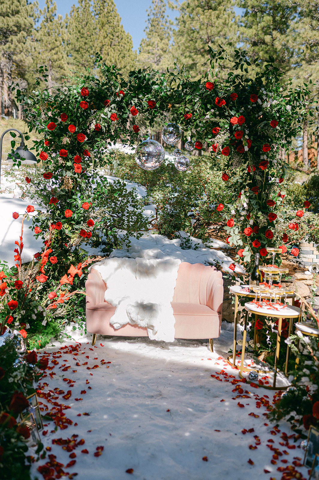 Red rose disco themed proposal setup in Lake Tahoe.