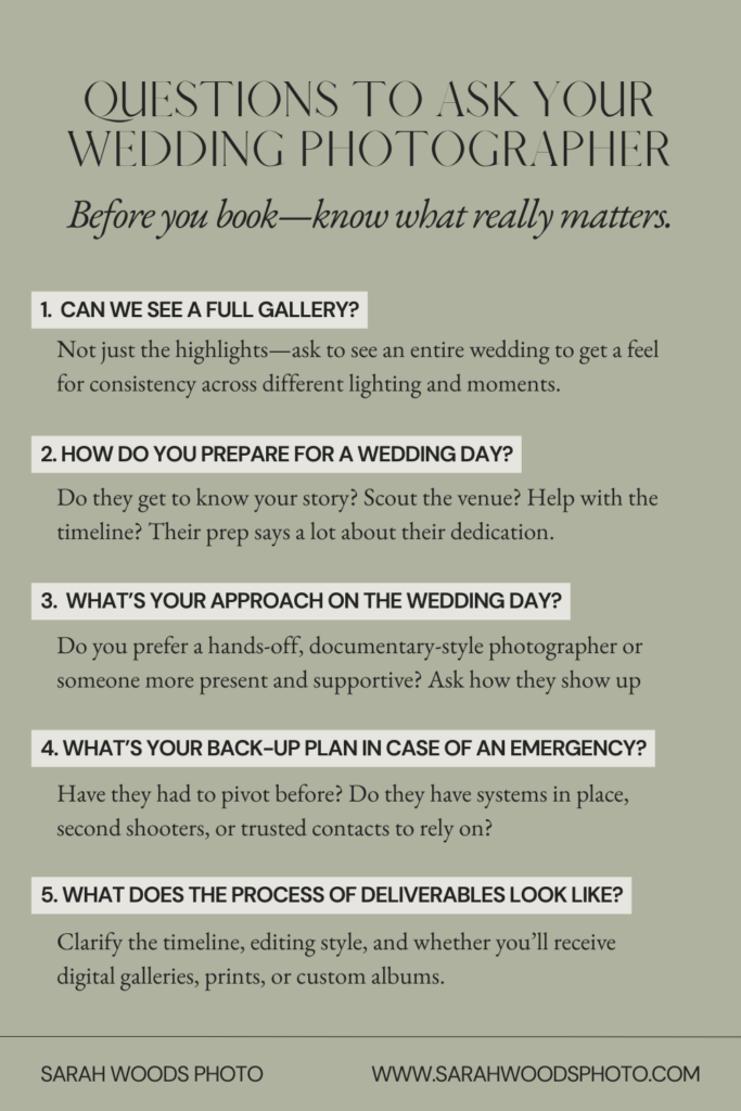 5 questions to ask your wedding photographer before you book.