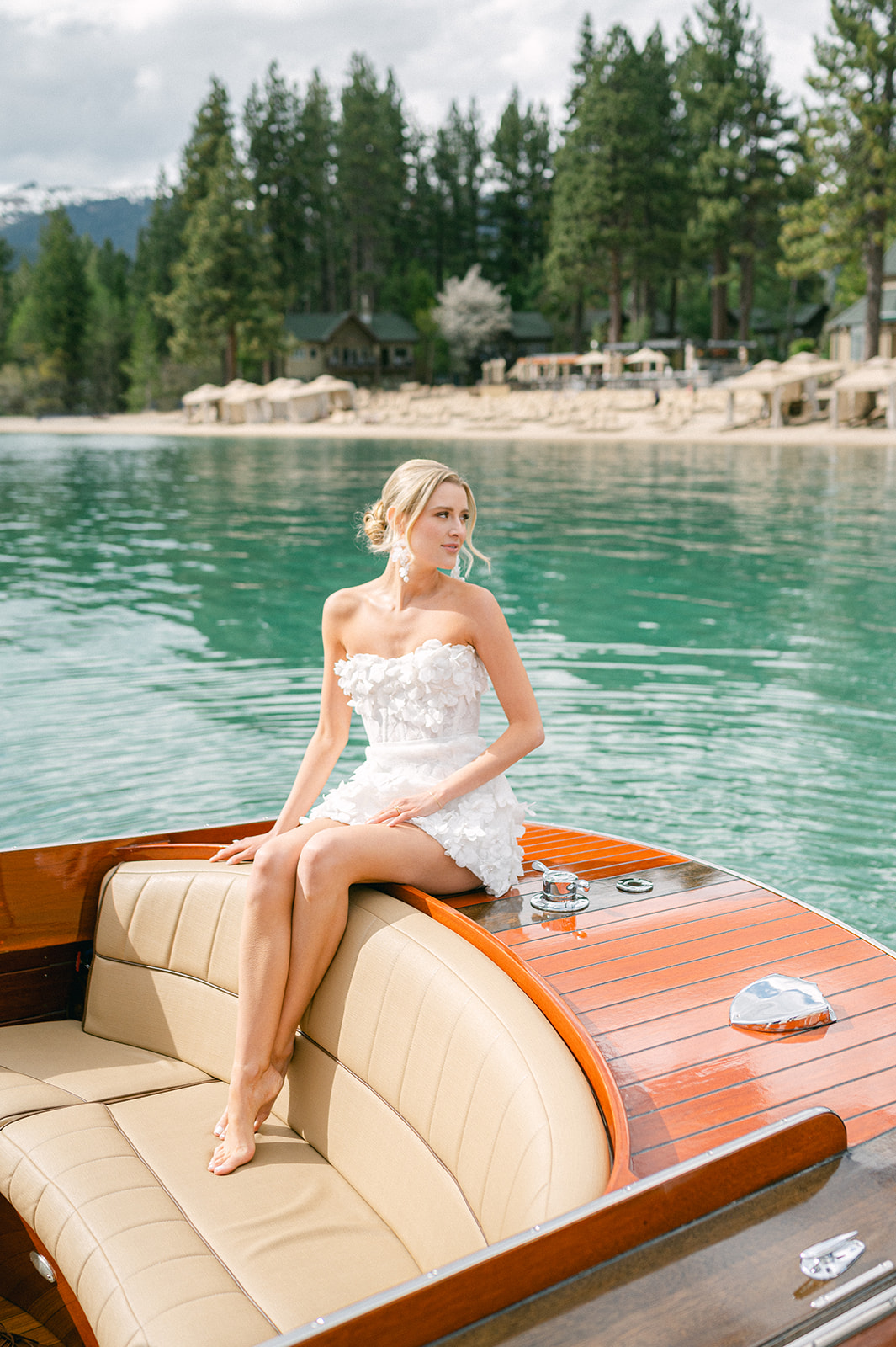 Lake Tahoe bridal wedding photos on a wooden boat.