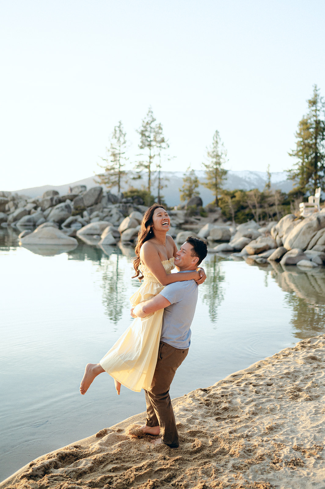 Lake Tahoe beach engagement photos — documentary style engagement photography.