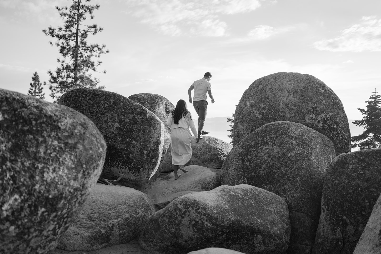 Documentary style engagement photos at Sand Harbor.