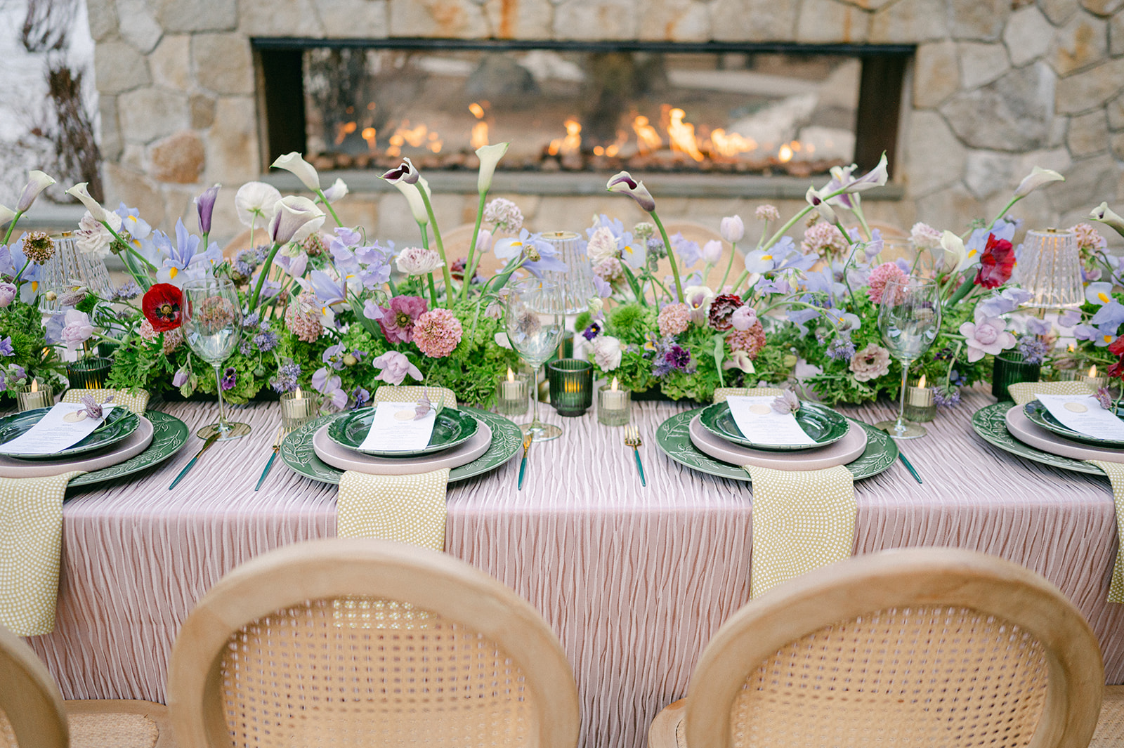 Purple and green luxury wedding tablescape at a Lake Tahoe mountain wedding at The Ritz.