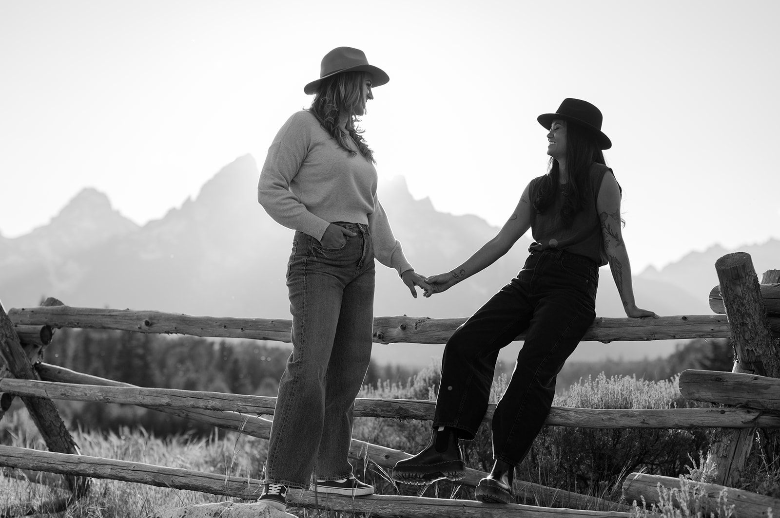 Black and white image from a documentary-style couple’s session in Jackson Hole.