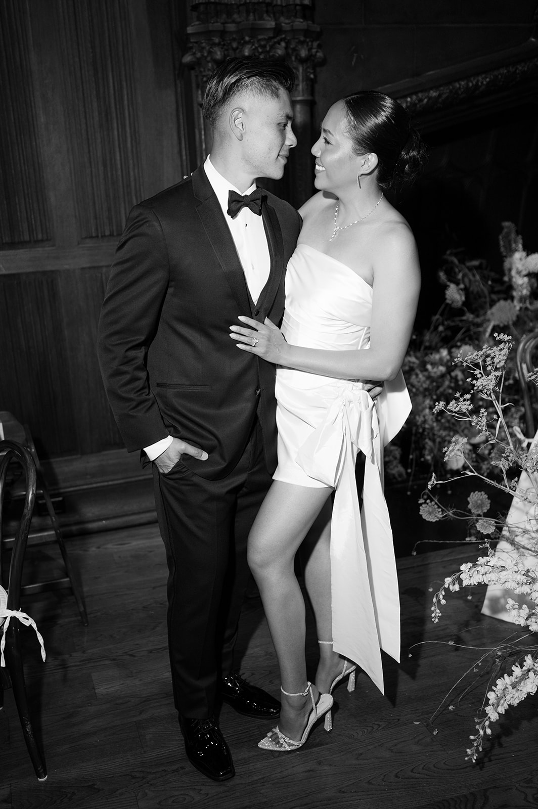 Bride and groom black and white flash portrait. 