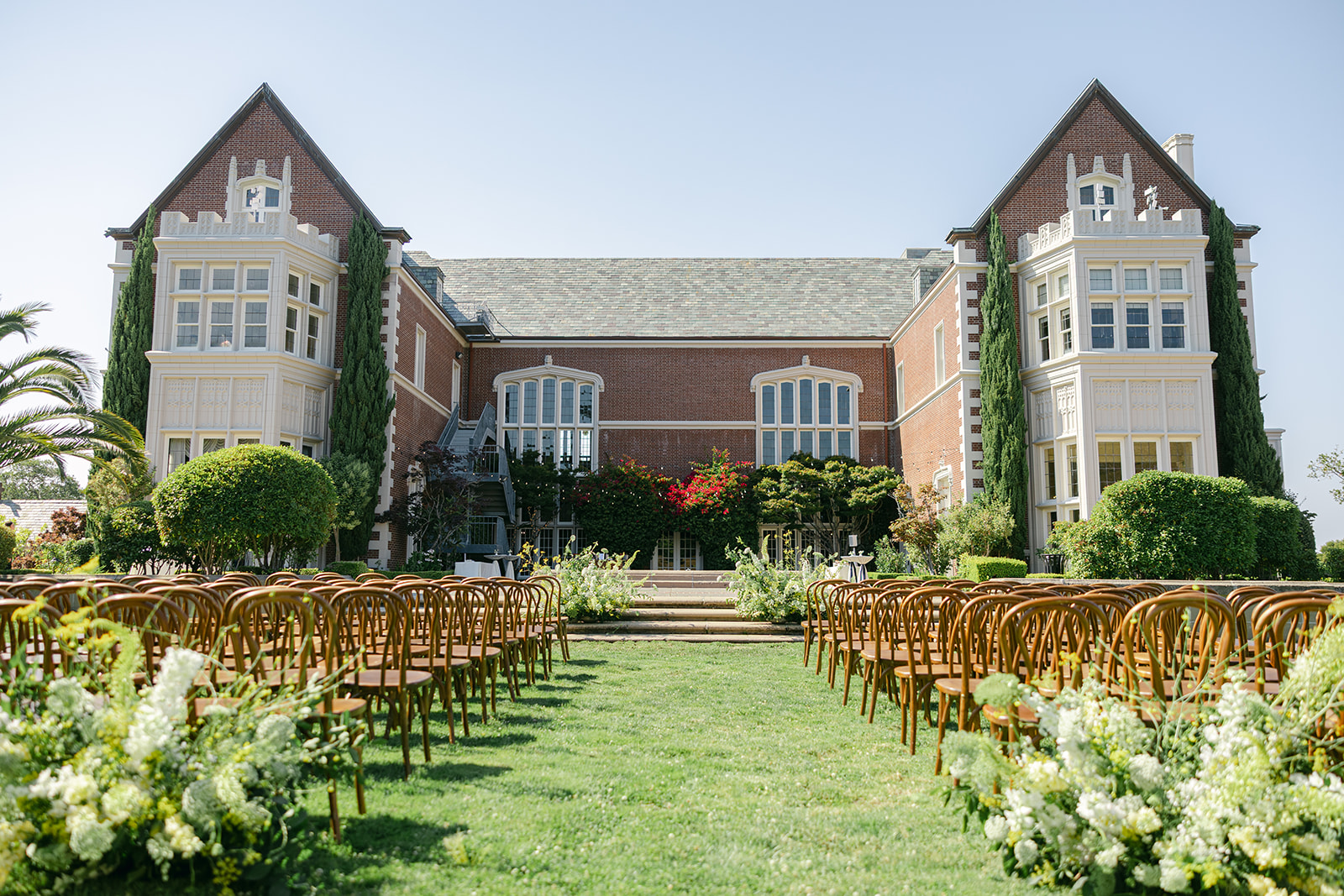 Wide angle of mansion and ceremony setup in Burlingame.