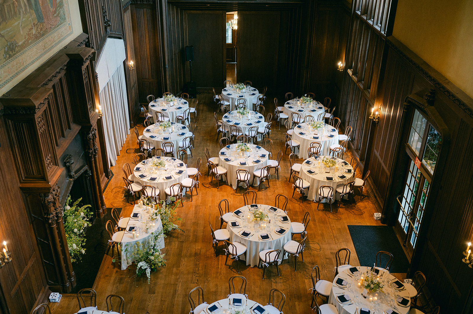 Overhead view of reception inside Kohl Mansion in Burlingame.