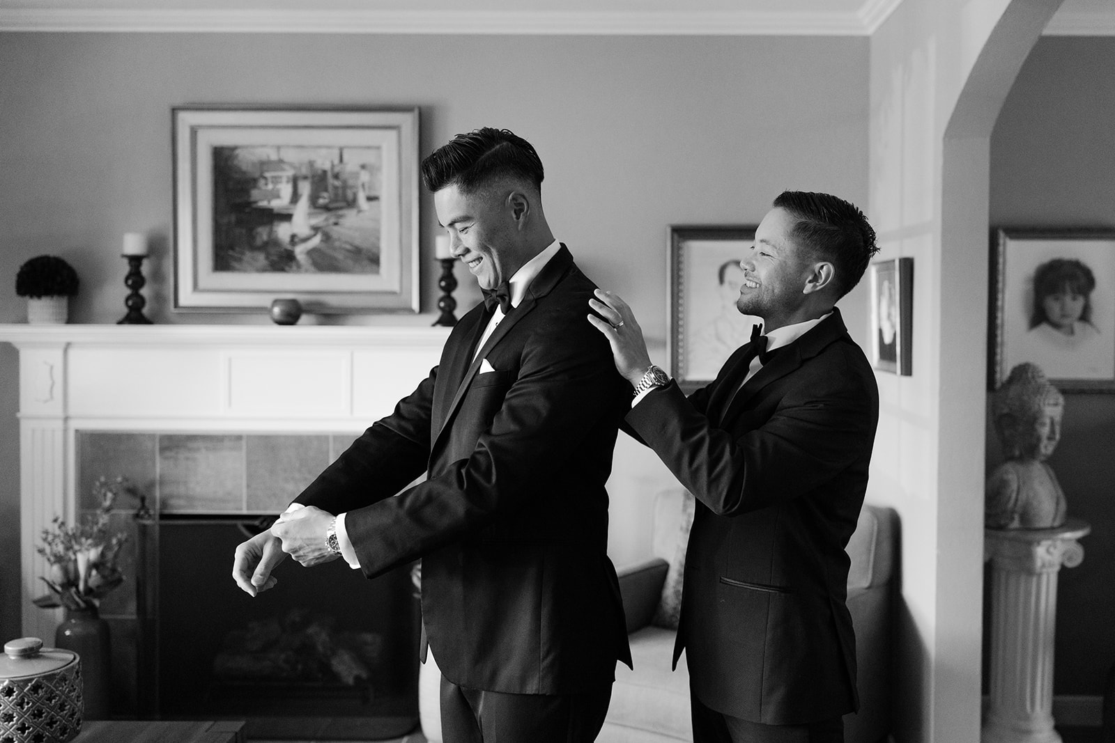 Candid documentary style groom getting ready photo. 