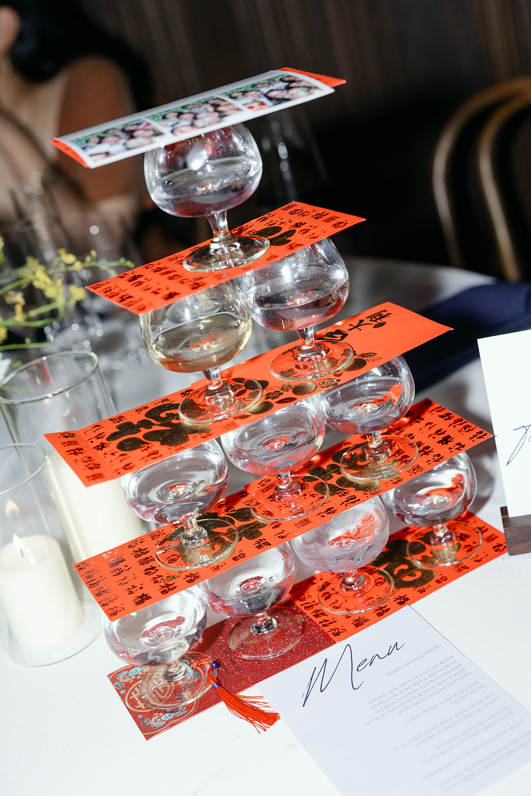 Champagne tower at wedding reception. 