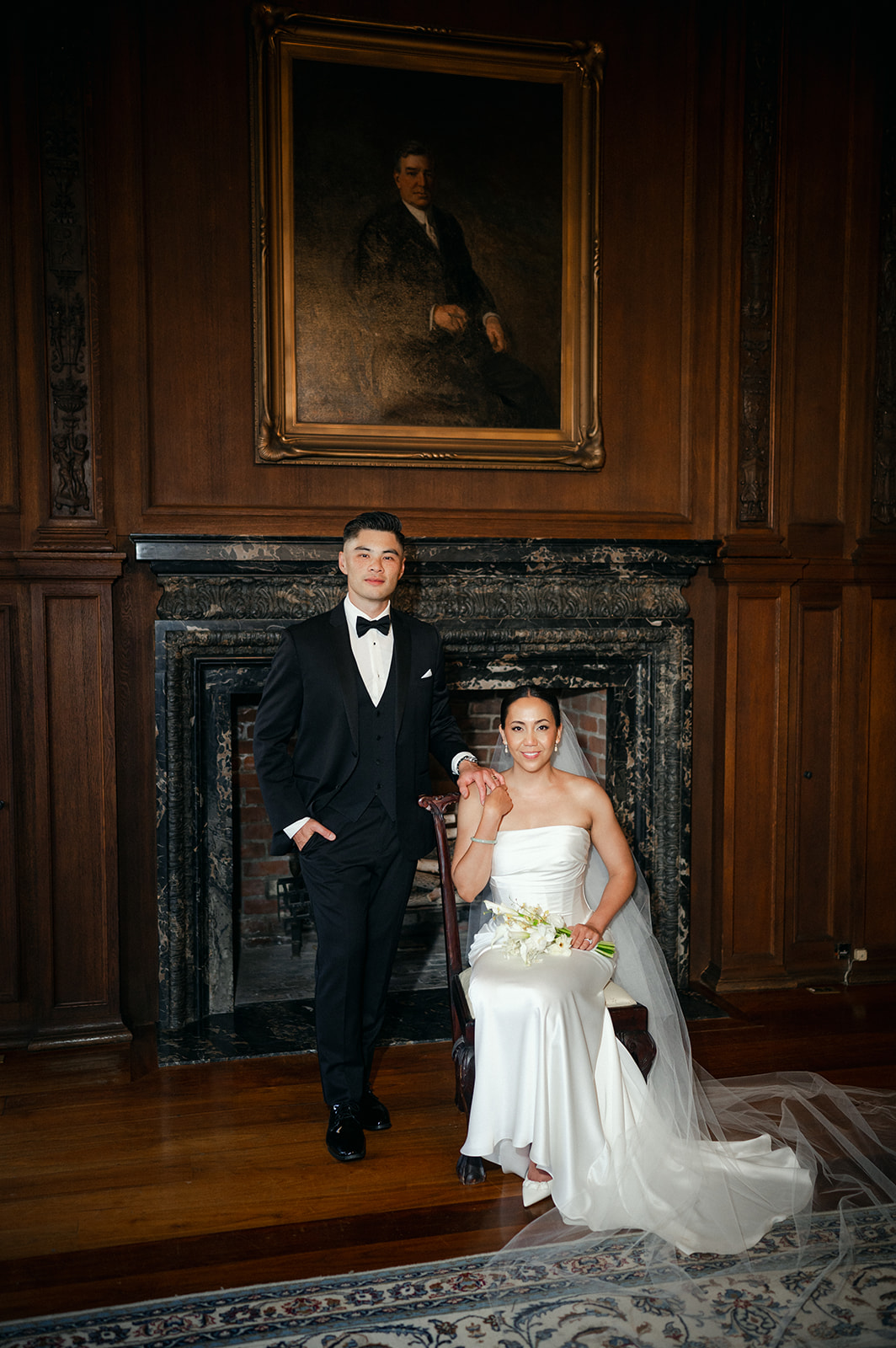 Editorial-style wedding photos in Kohl Mansion library. 
