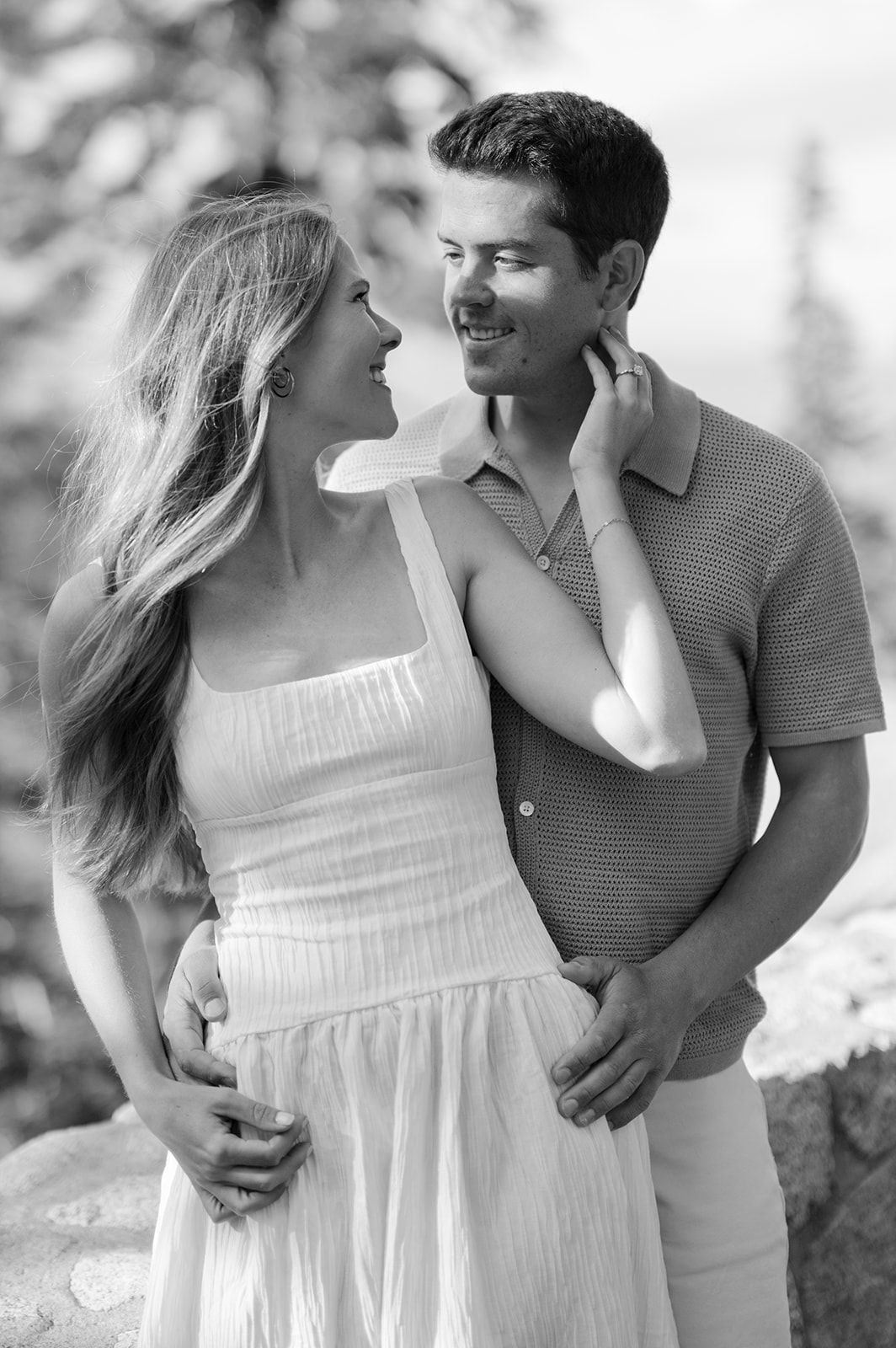 Close-up of couple during engagement session at Lake Tahoe.