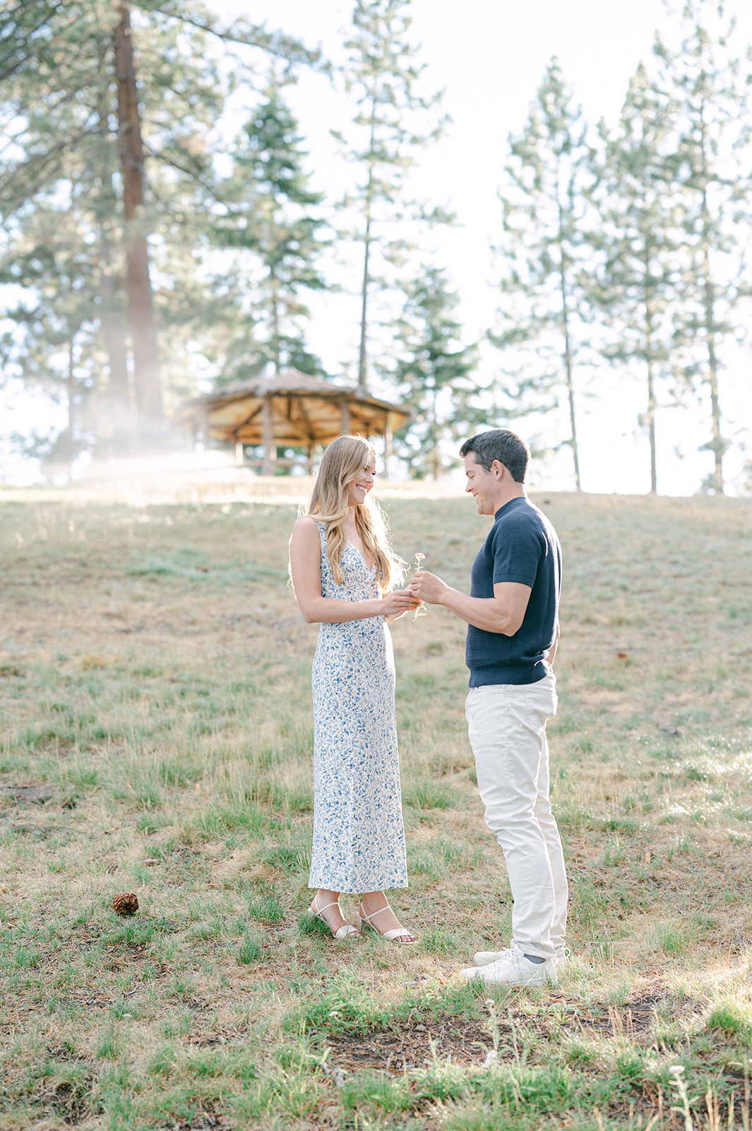 Man giving his fiancé a flower framed by pine trees at Sugar Pine State Park | documentary style engagement photos. 