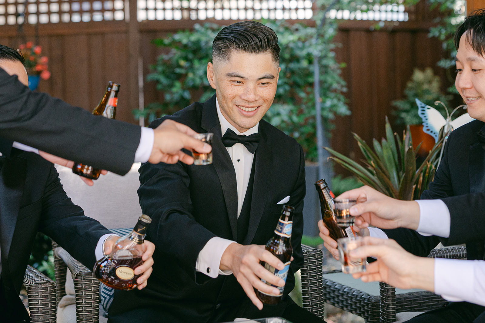 Groom and groomsmen pre-wedding toast.
