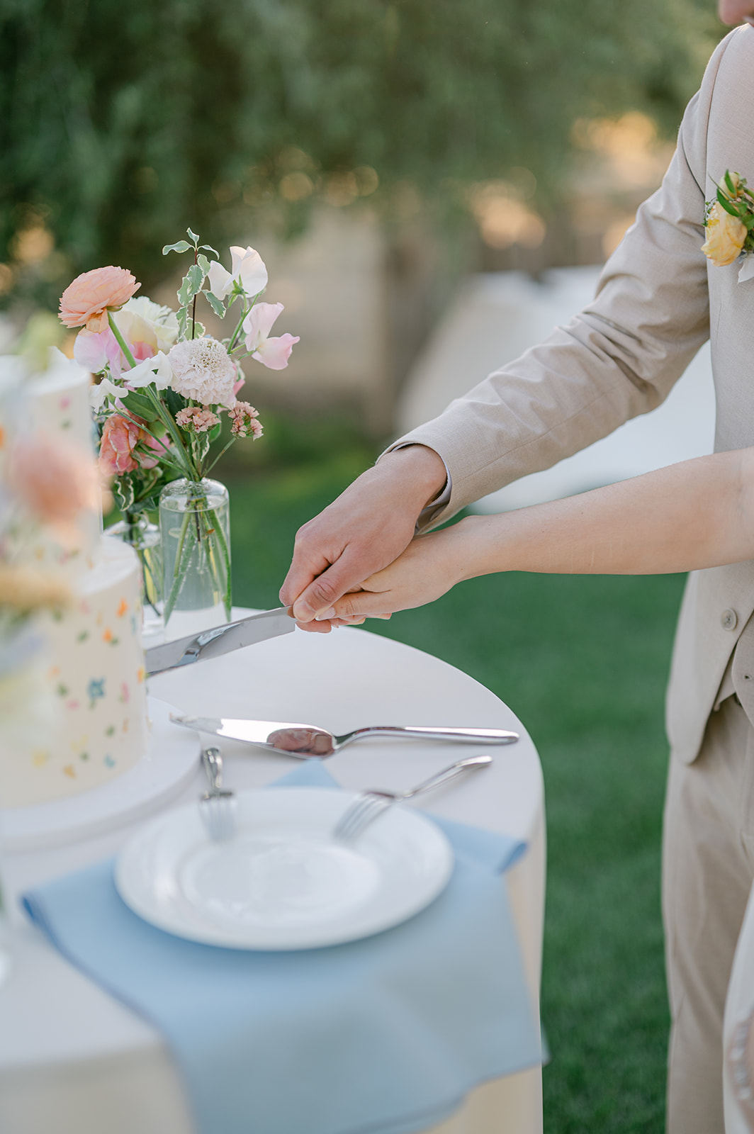 Bride and groom cutting the cake.