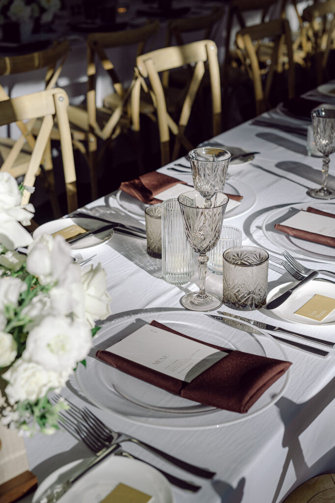 Lake Tahoe wedding reception table details. Modern, mountain wedding.