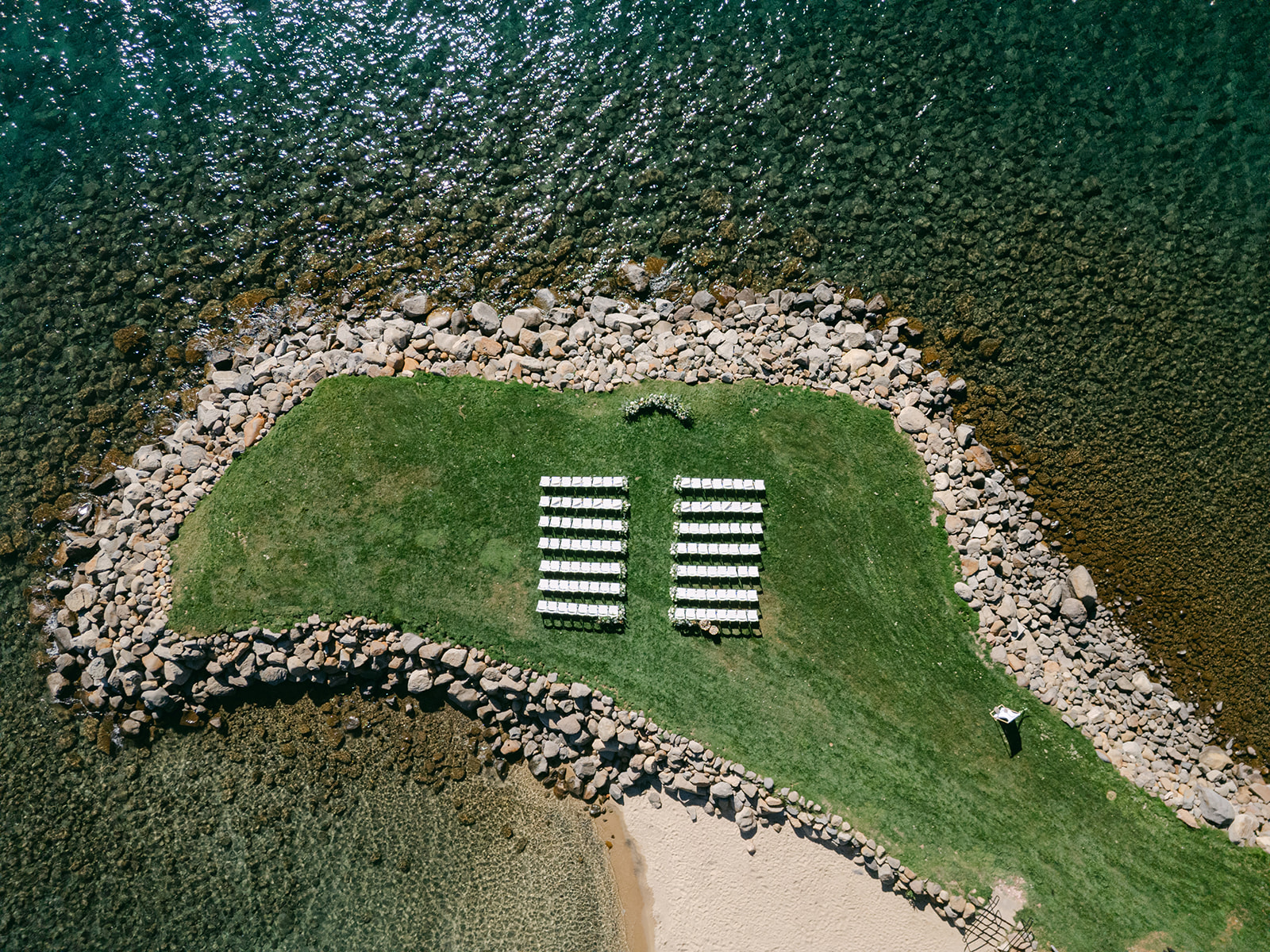 Drone view of the wedding ceremony at Burnt Cedar Beach, North Lake Tahoe.