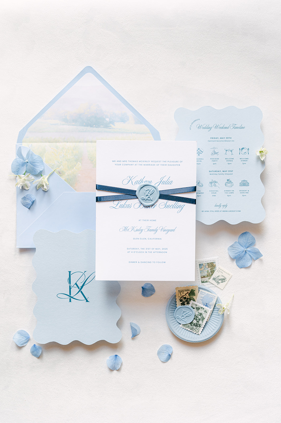 Custom blue invitation suite for a Napa Vineyard Wedding.
