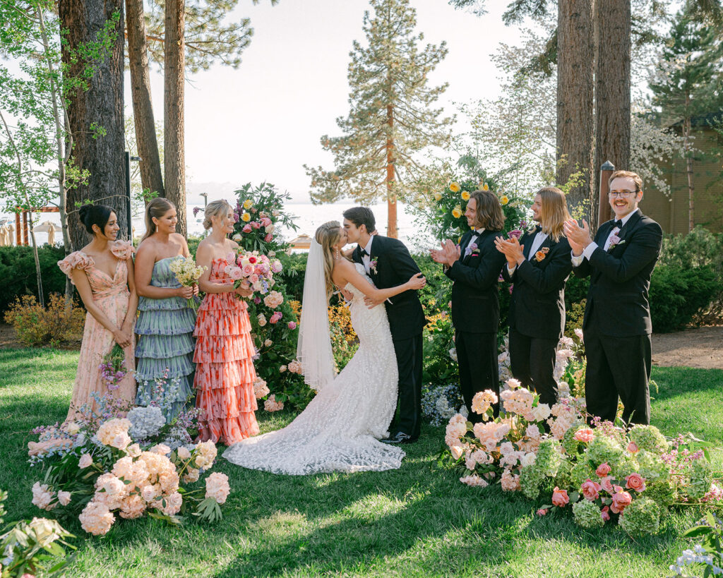 Bride and Groom share first kiss during Lake Tahoe Wedding ceremony.